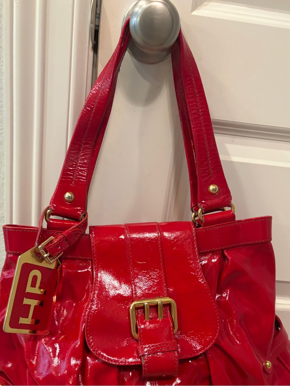 Patent Red Shoulder Bag with Gold Accents